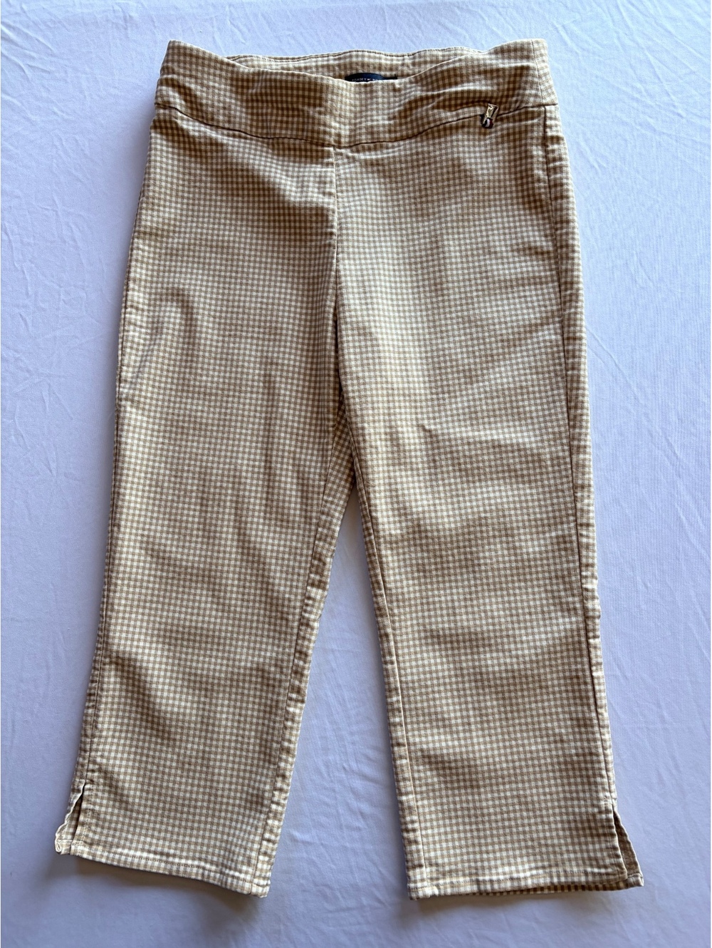 Tommy Hilfiger Womens 8 Gingham Check Ankle Pants Tan Cream Pull On Stretch